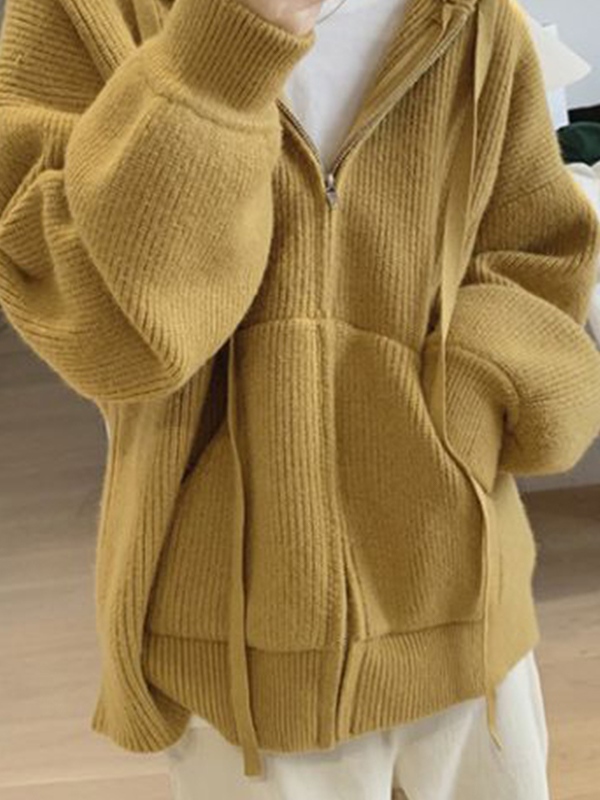Solid Hooded Zip Up Knit Cardigan-2