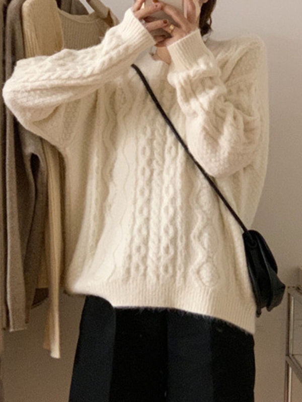 Solid Cable Knit Pullover Sweater-1