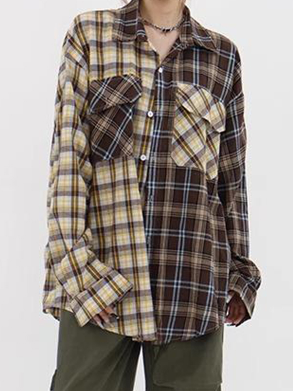 Vintage Plaid Splice Long Sleeve Blouse-3