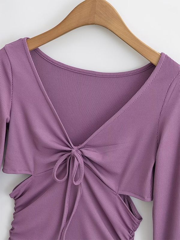 Solid V Neck Side Cutout Trumpet Sleeve Long Sleeve Knit-2