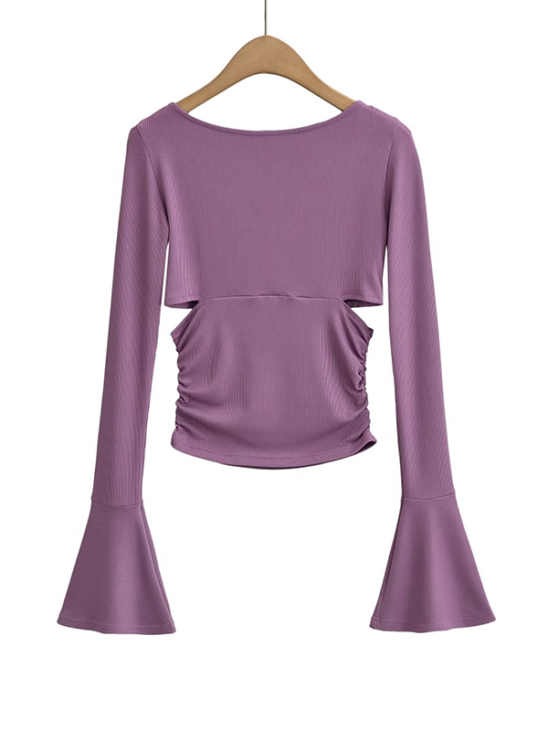 Solid V Neck Side Cutout Trumpet Sleeve Long Sleeve Knit-1