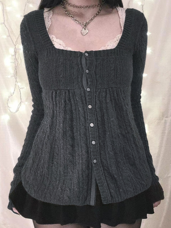 Solid Pointelle Square Neck Knit Cardigan-2