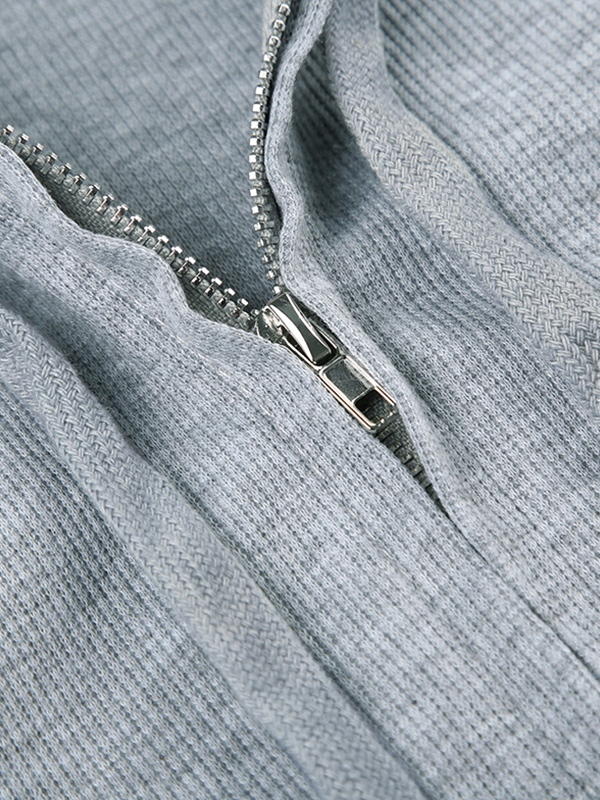 Solid Ribbed Zip Up Drawstring Hooded Long Sleeve Knit-5