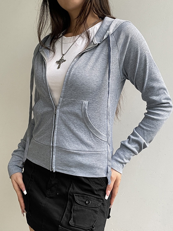Solid Ribbed Zip Up Drawstring Hooded Long Sleeve Knit-2