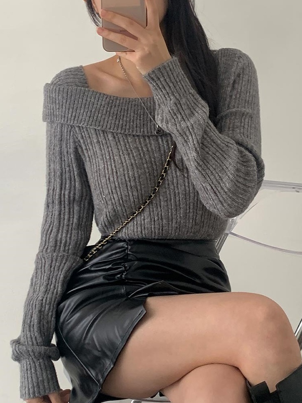 Solid Lapel Neck Slim Knit Sweater-4