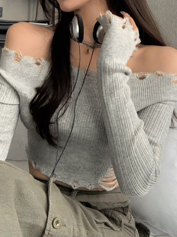 Solid Tattered Off Shoulder Long Sleeve Knit-1