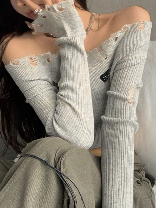 Solid Tattered Off Shoulder Long Sleeve Knit-2