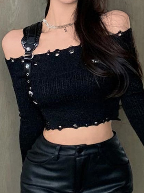 Solid Tattered Off Shoulder Long Sleeve Knit-4