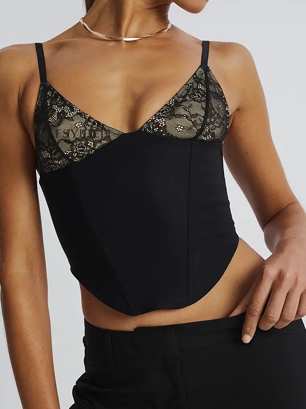 Lace Splice V Neck Irregular Hem Cami Top-2