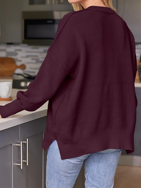 Solid Crew Neck Cape Sleeve Slit Sweater-2